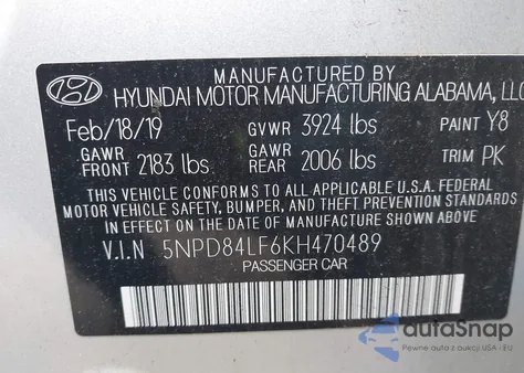 2019 Hyundai Elantra Sel z USA, uszkodzony, nr VIN 5NPD84LF6KH470489